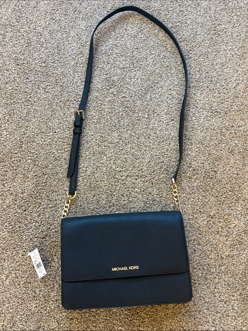 Michael Kors Black Leather Crossbody with Gold Chain Accents Daniela style